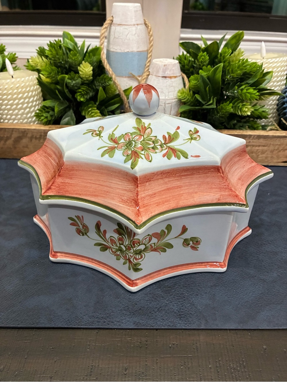 Ethan Allen Italian Hand Painted Floral Covered Jar Vintage Ceramic Made Italy